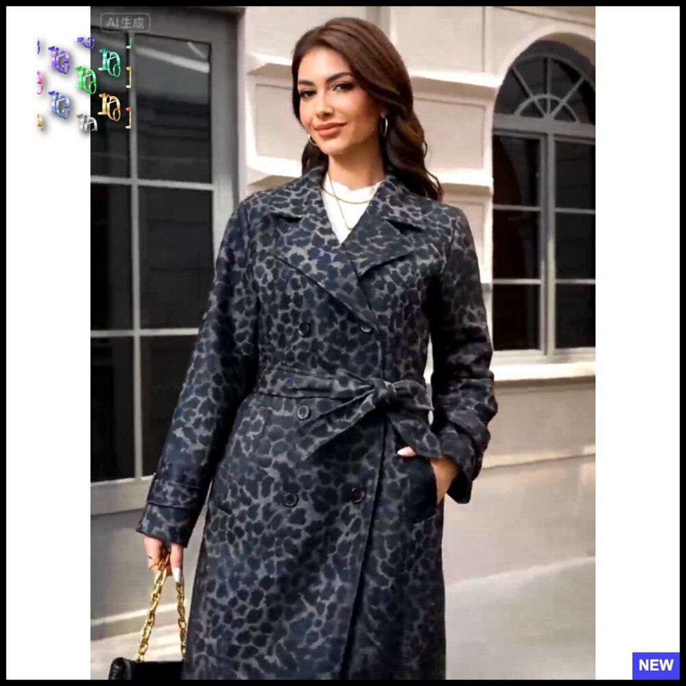 Double-Breasted Belted Overcoat Elegant Classic Wool-Like Pea Coat Fall Winter - Picture 7 of 7